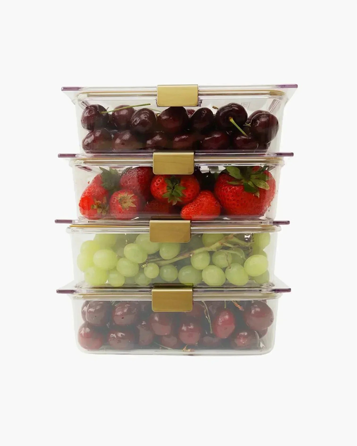 Stack of clear food containers with grapes, cherries, and strawberries for lunch storage