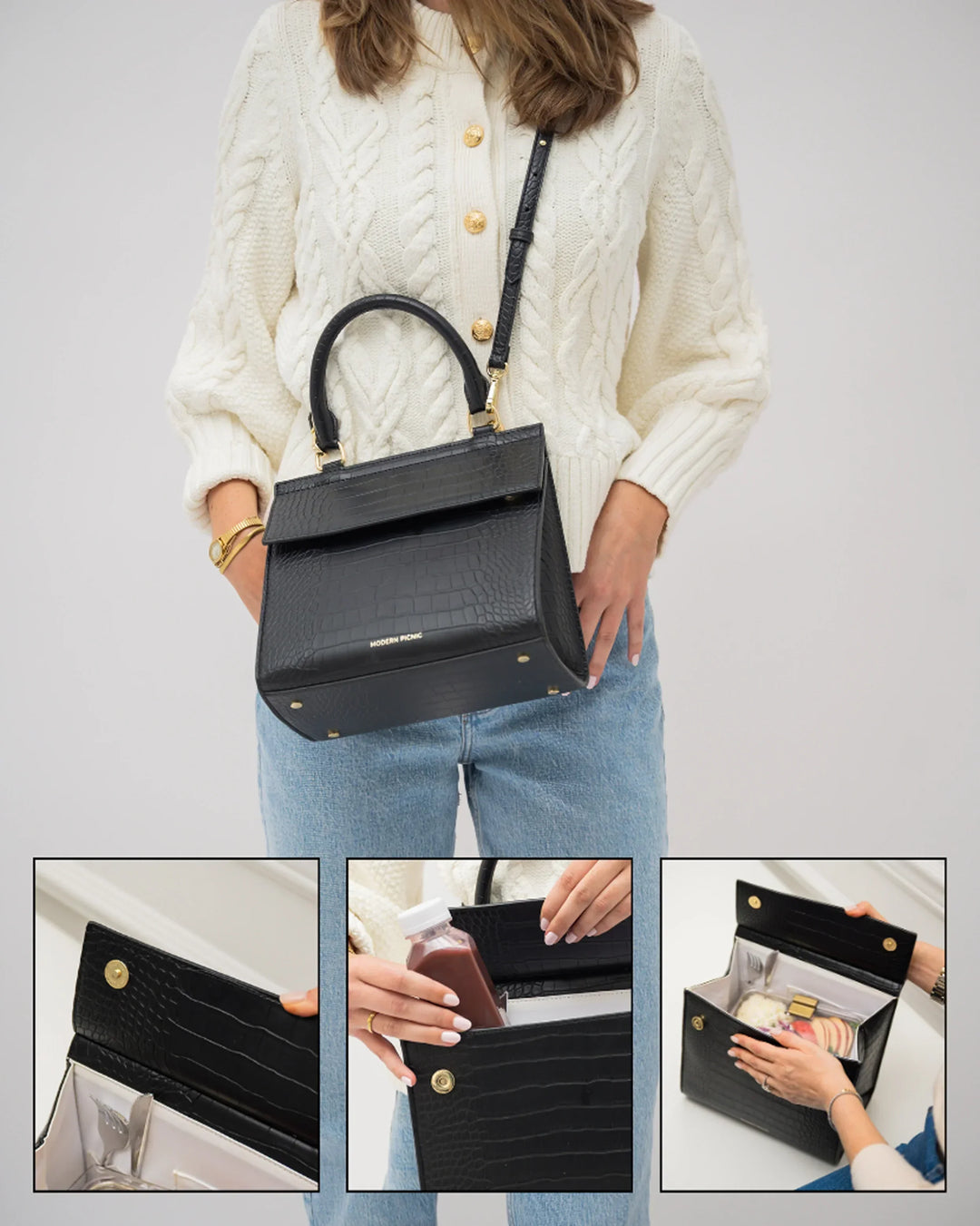 Designer Black Croc Lunch Box Purse: Insulated Vegan Leather Bag