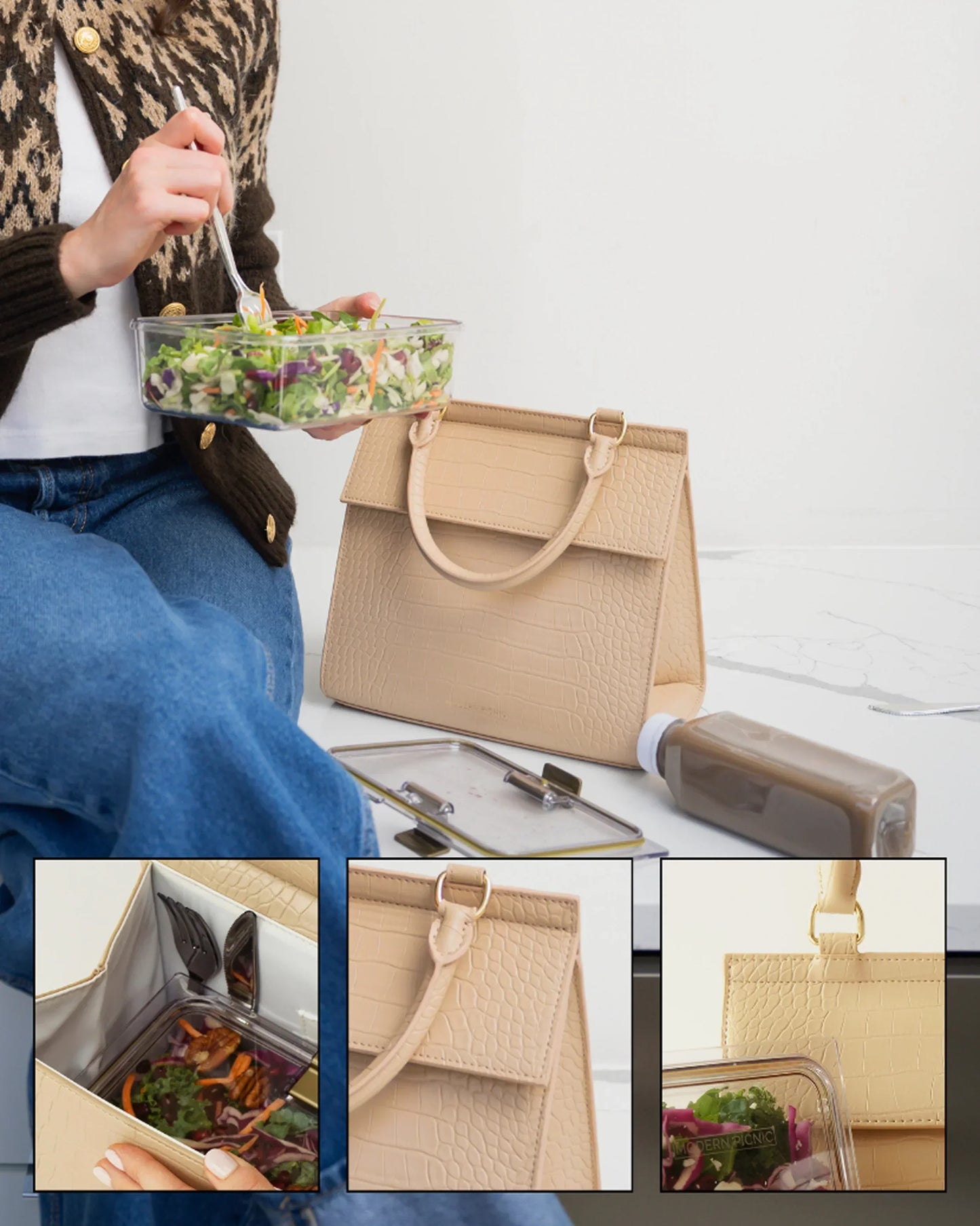 Woman eating salad next to beige vegan leather insulated lunch bag with accessories.