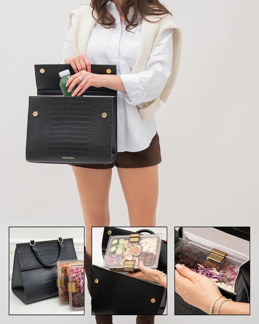 Large Luncher - Black Croc | Designer, Insulated Lunch Bag, 2+