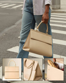 Woman carrying a beige vegan leather lunch tote with croc texture, compartments, and top handle