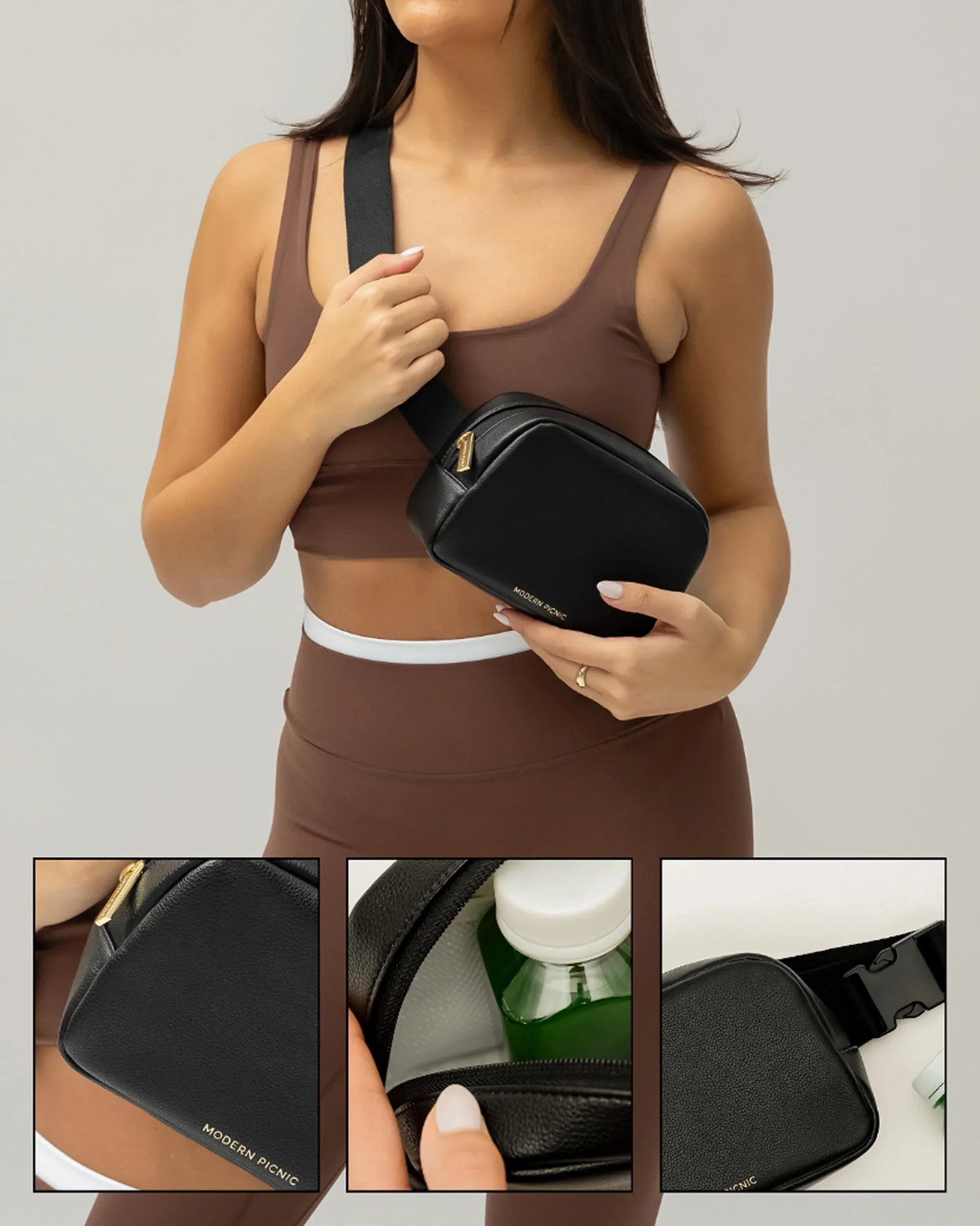 Woman wearing a black insulated vegan leather crossbody lunch bag with gold zipper and bottle inside.
