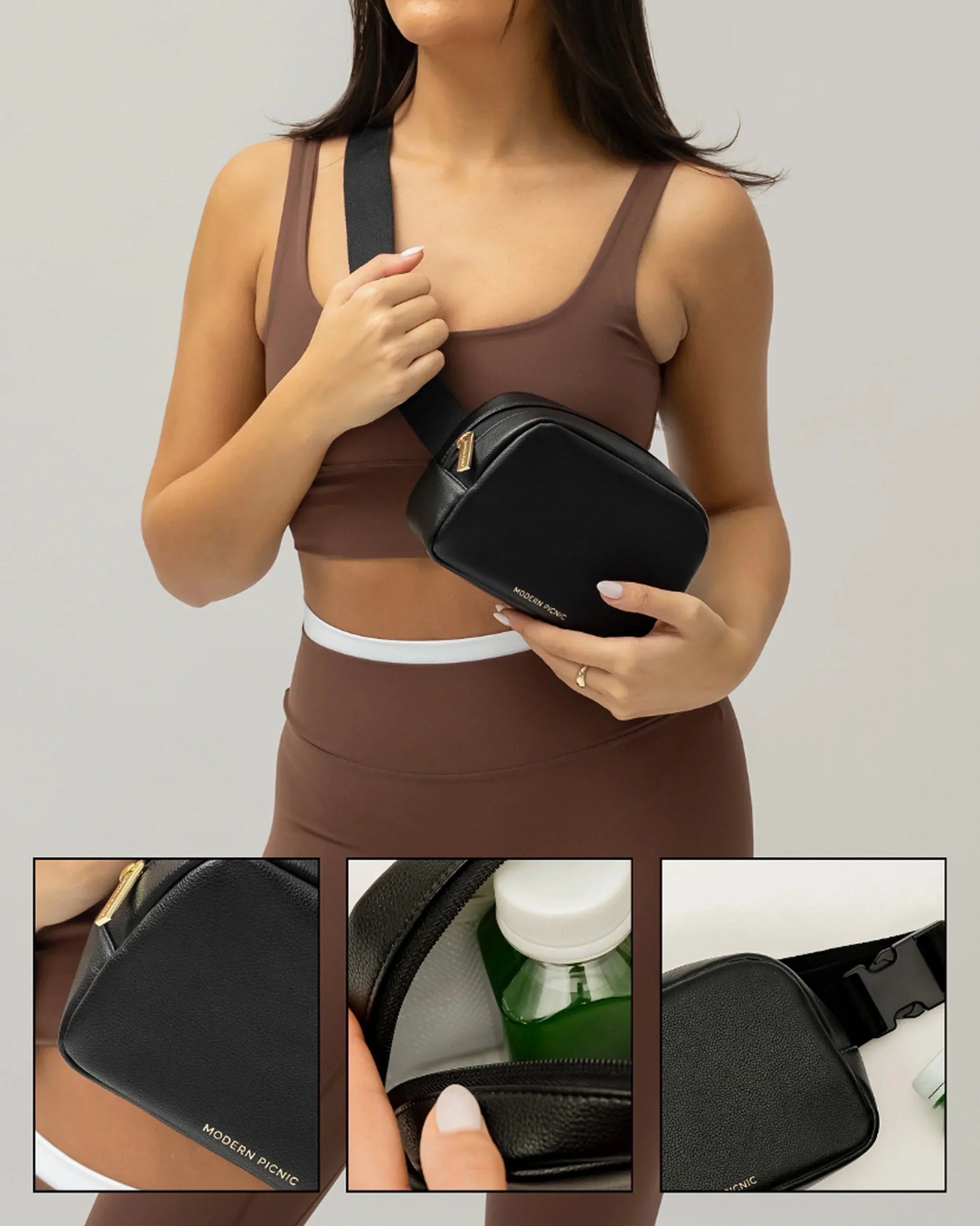 Woman wearing a black insulated vegan leather crossbody lunch bag with gold zipper and bottle inside.
