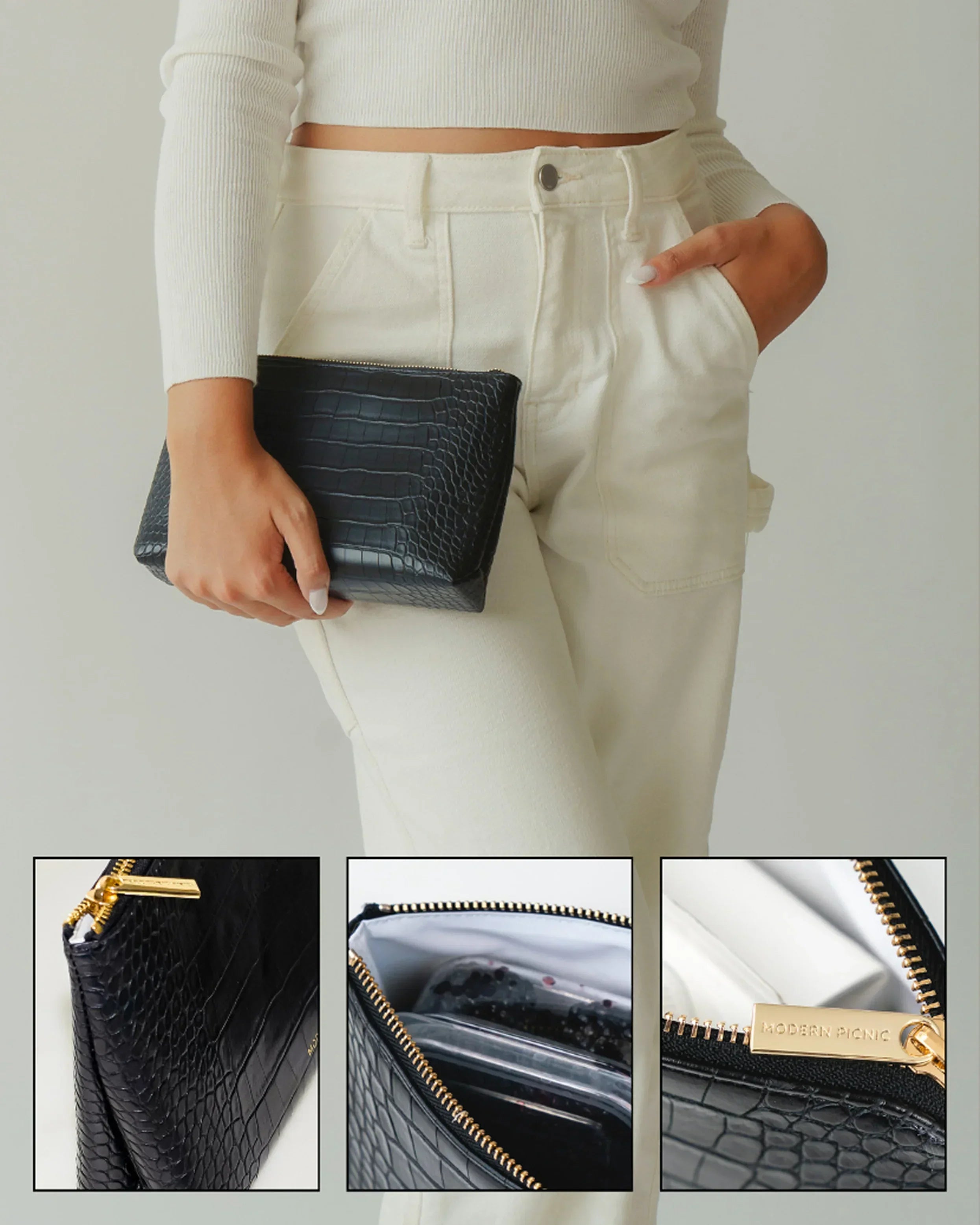 Black Croc Insulated Pouch: Chic Vegan Leather Snack + Cosmetic