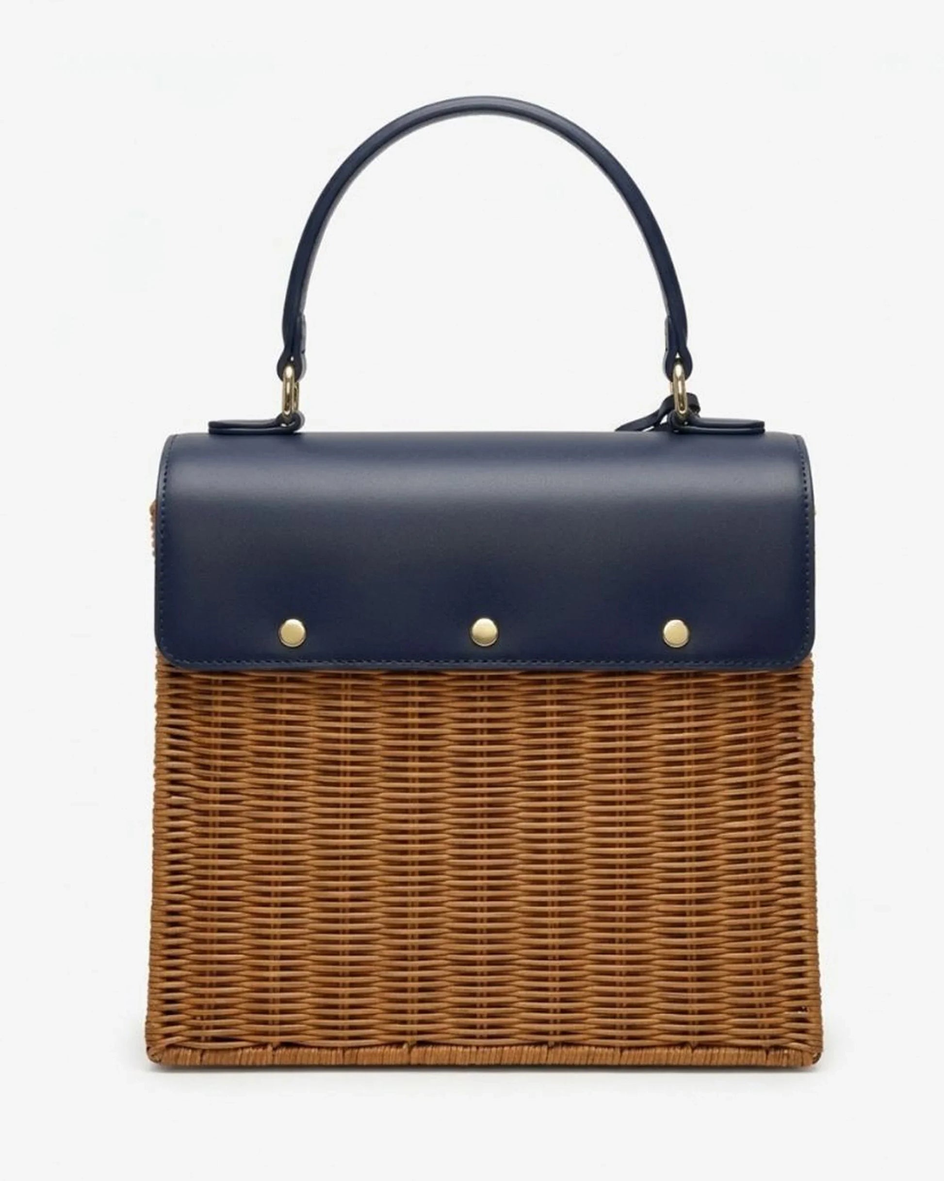 Navy blue vegan leather top with woven wicker body, chic insulated lunch tote for work or travel