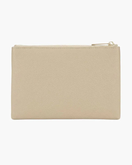 Beige vegan leather zip pouch for lunch, travel, or everyday use