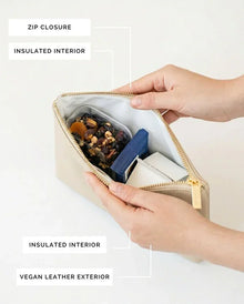 Vegan leather lunch bag with insulated interior, zip closure, holding snacks and essentials