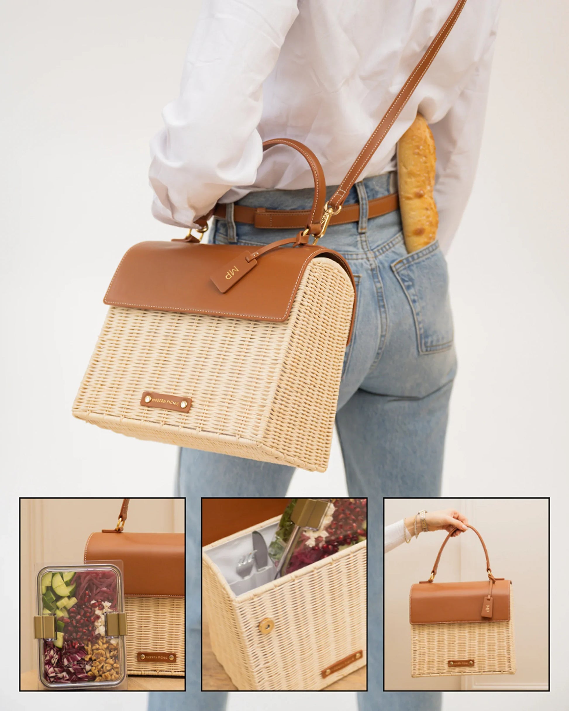 Stylish woven lunch tote with vegan leather accents, perfect for chic picnics and daily commutes.