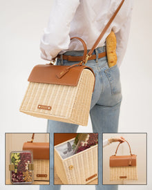 Stylish woven lunch tote with vegan leather accents, perfect for chic picnics and daily commutes.