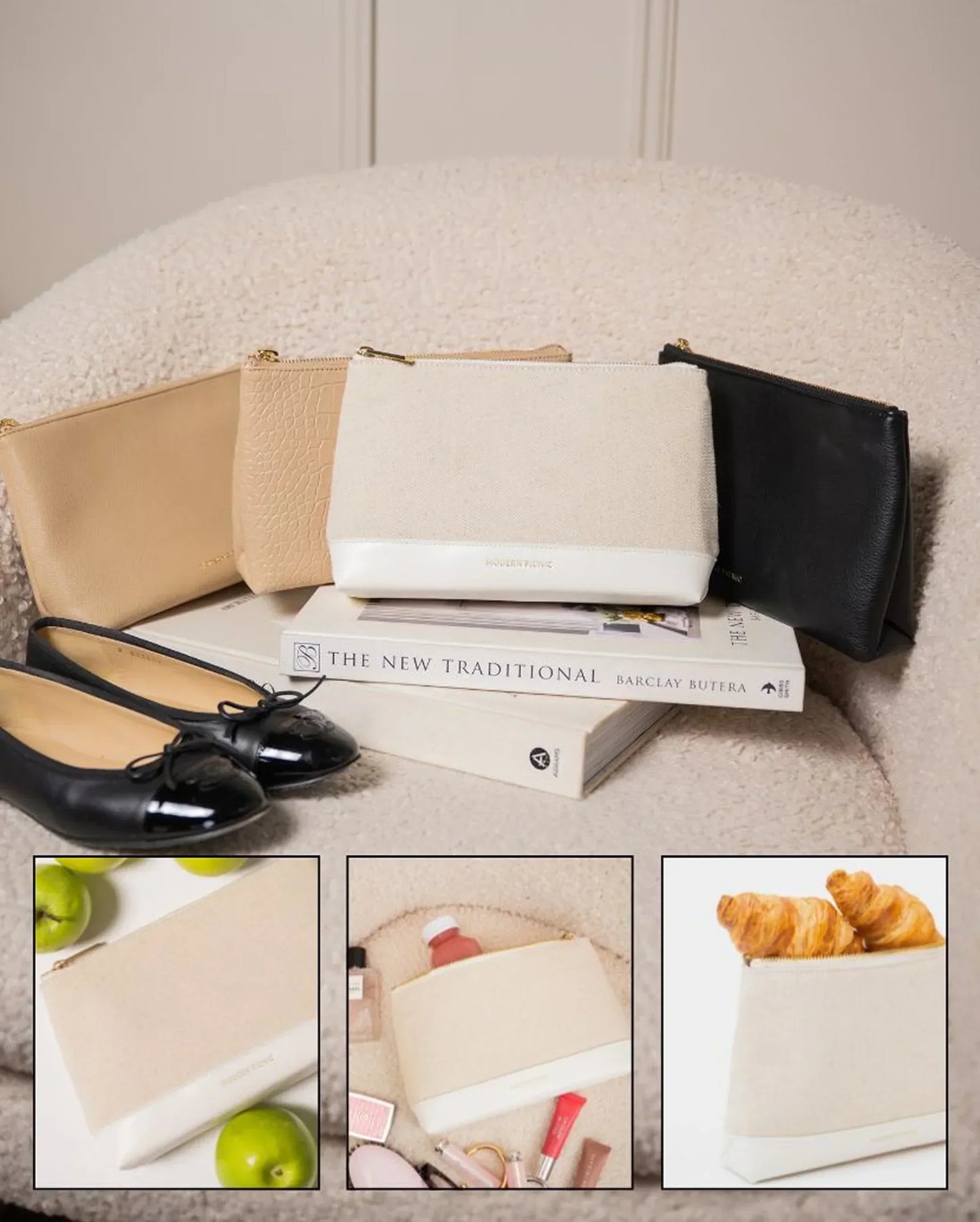 Stylish vegan leather pouches in neutral tones, perfect for makeup, snacks, or daily essentials. Chic and functional.