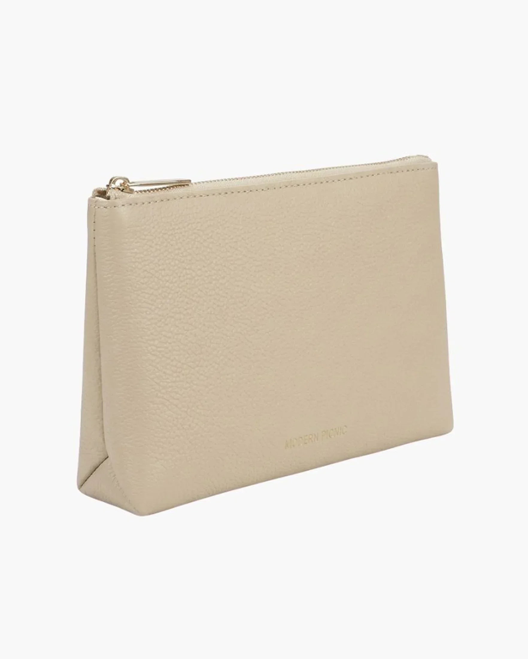 Beige vegan leather pouch with gold zipper, sleek design for everyday use