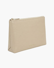 Beige vegan leather pouch with gold zipper, sleek design for everyday use