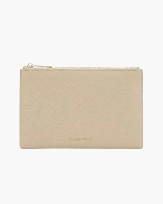 Beige vegan leather zippered pouch with minimalist design on white background