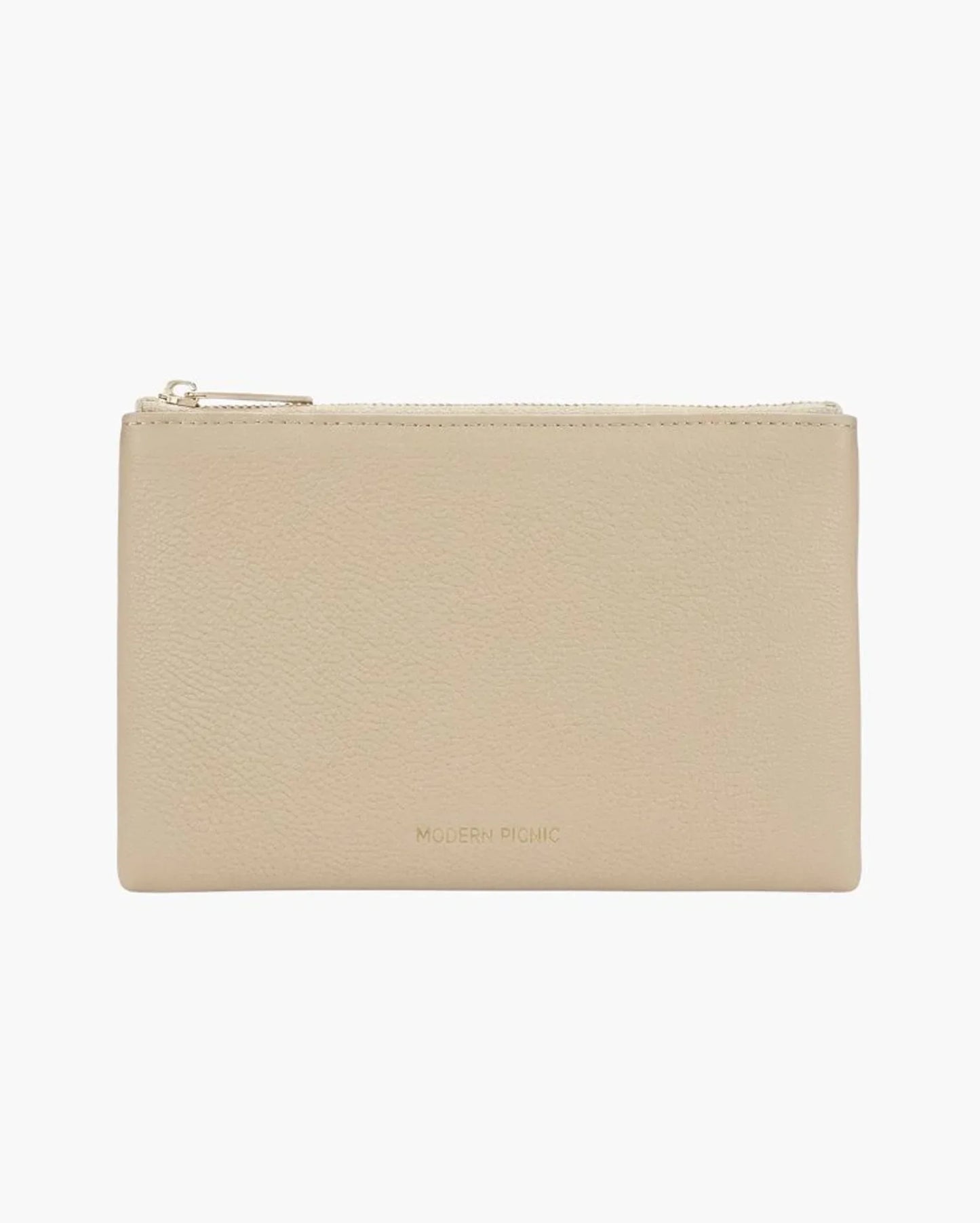 Beige vegan leather pouch with zipper, sleek design for everyday use