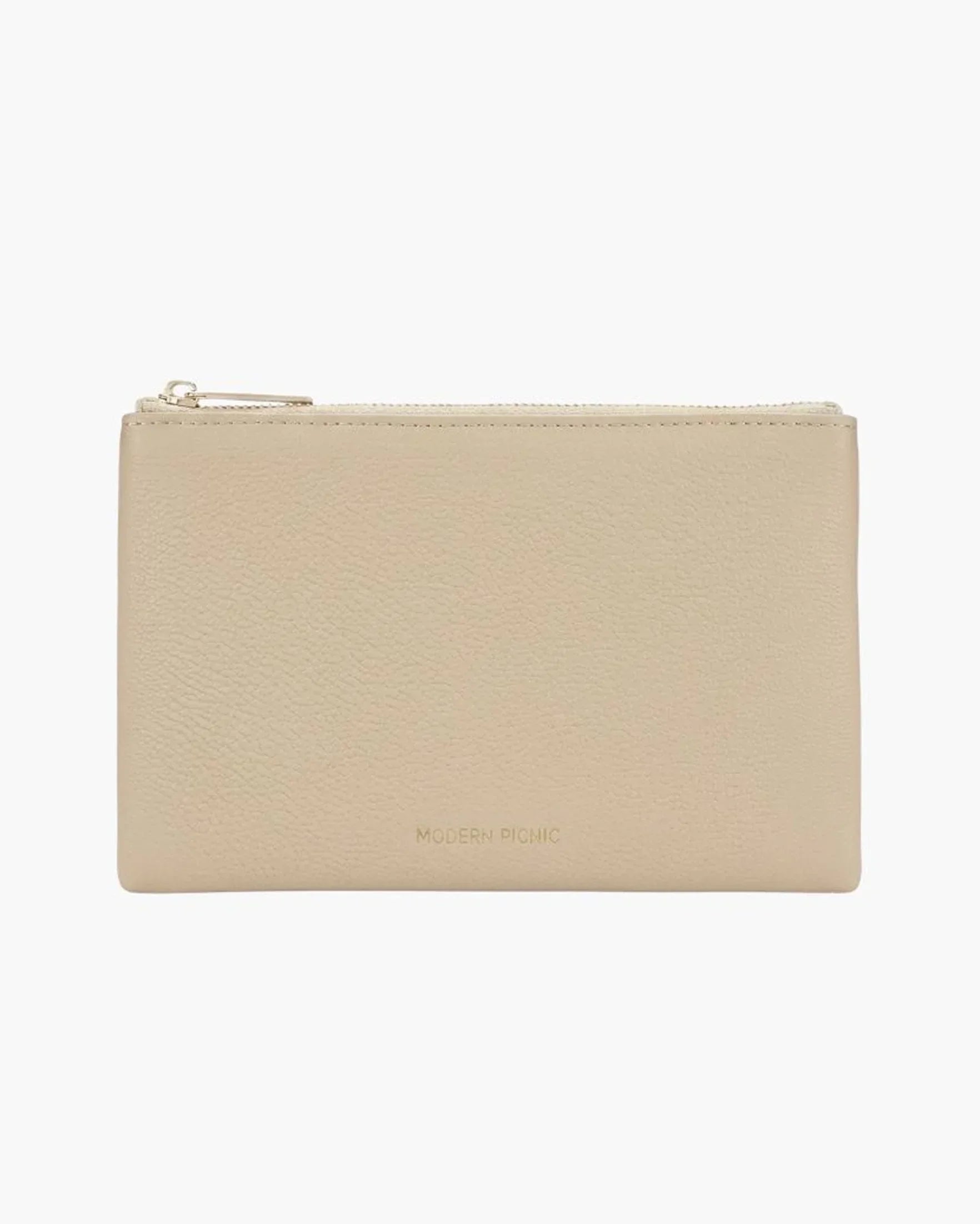 Beige vegan leather pouch with zipper, sleek design for everyday use