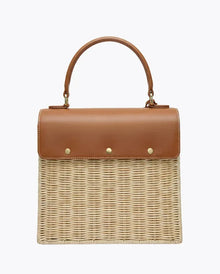 Woven straw tote with tan vegan leather top and handle, chic picnic bag for work or travel