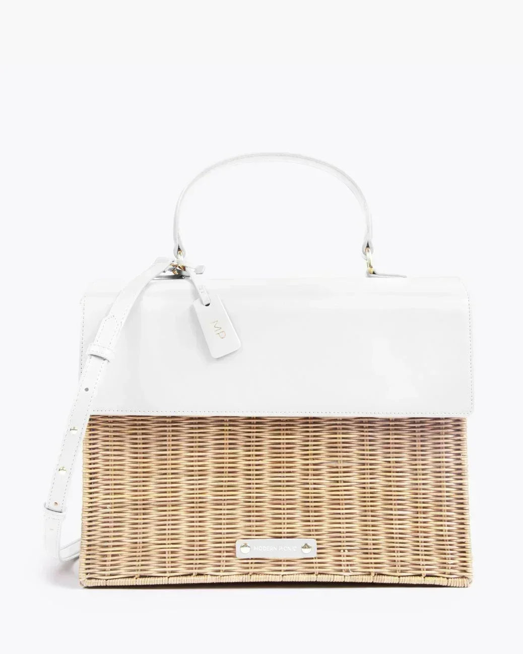 White vegan leather and woven wicker tote bag with top handle and shoulder strap, chic lunch or work bag