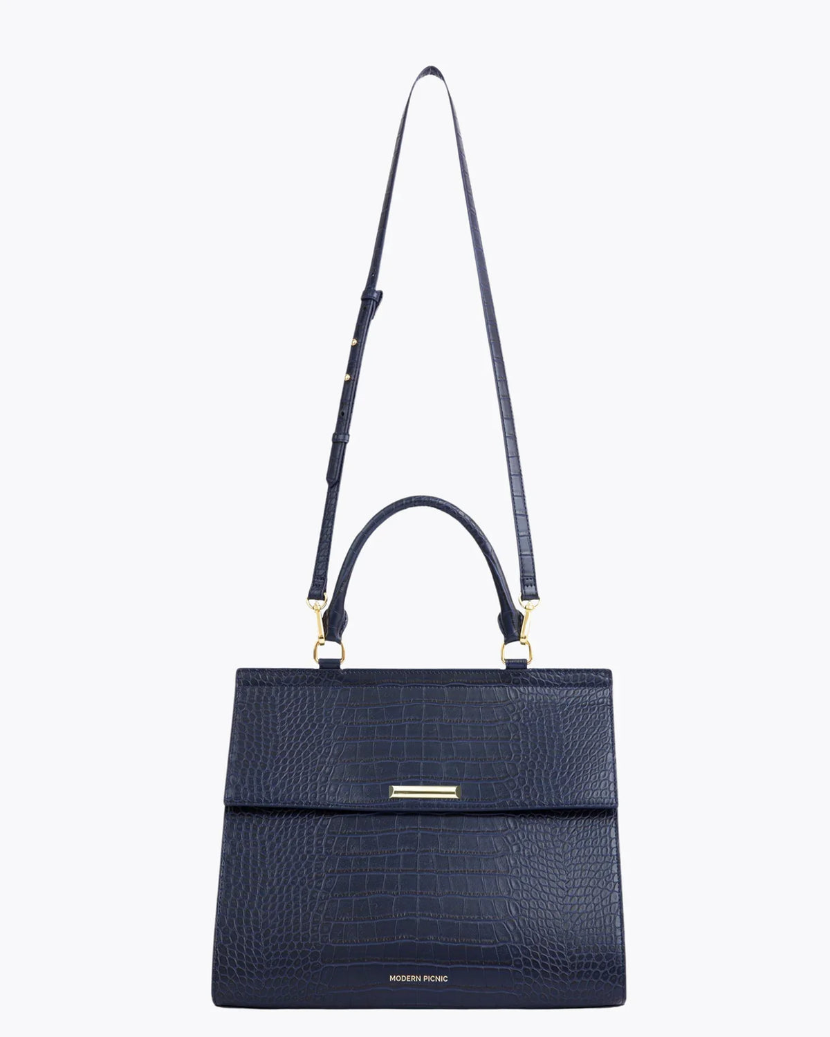 Navy blue croc-embossed vegan leather insulated lunch bag with gold hardware and shoulder strap