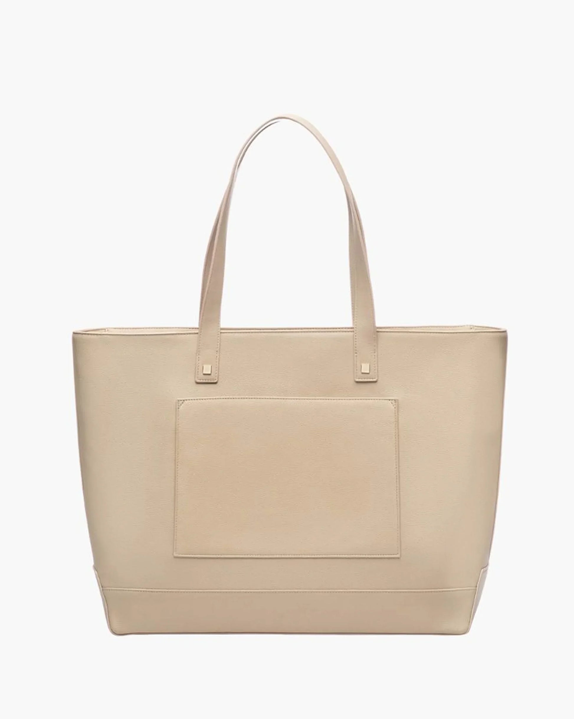 Beige vegan leather insulated tote bag with front pocket and double handles