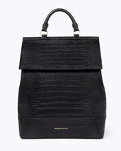 Black vegan leather backpack with crocodile-embossed texture and top handle, featuring the "MODERN PICNIC" logo on the base.