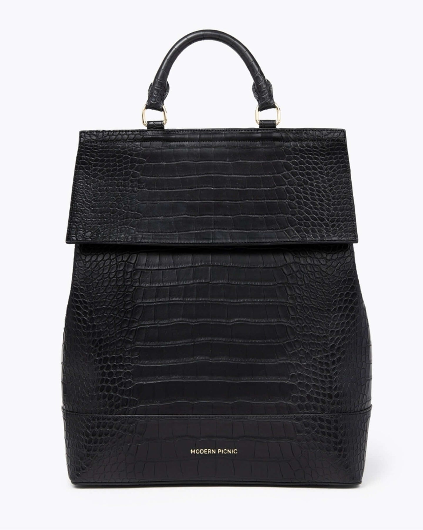 Black vegan leather backpack with crocodile-embossed texture and top handle, featuring the 