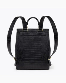 Back view of the black croc-embossed laptop backpack showing the adjustable shoulder straps and rear detail.