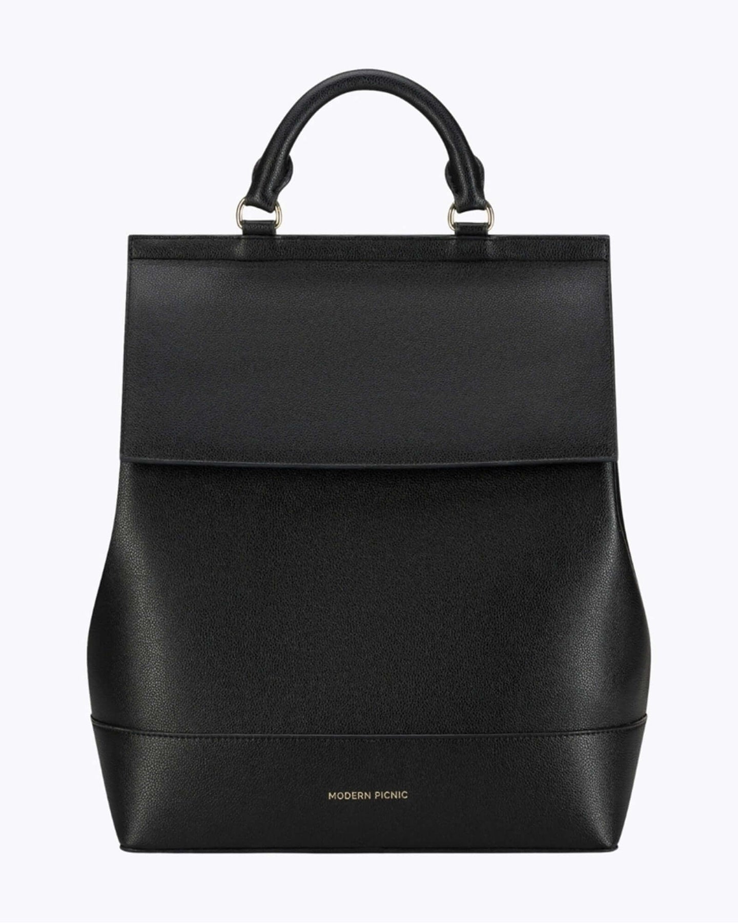 A sophisticated black backpack featuring a curved body, a structured top flap, a single top handle, and gold-tone hardware. The brand name 