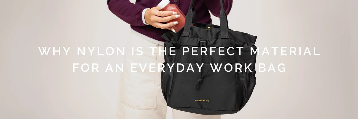 A woman holding a red bottle and a black nylon tote bag with text overlay.
