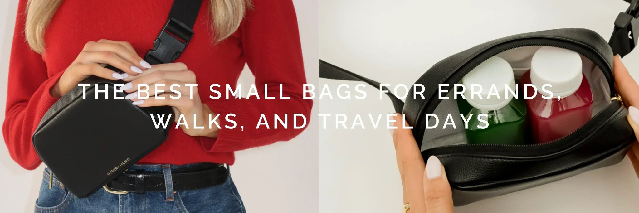 Stylish small black bag for errands, walks, and travel with insulated interior holding drinks