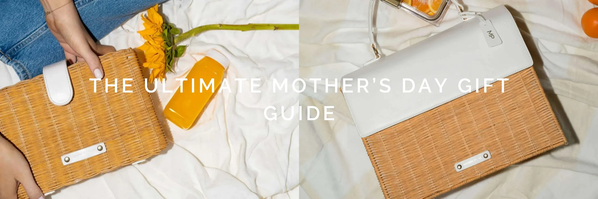 Woven picnic tote with white vegan leather accents, perfect for Mother's Day gifts and stylish outings.