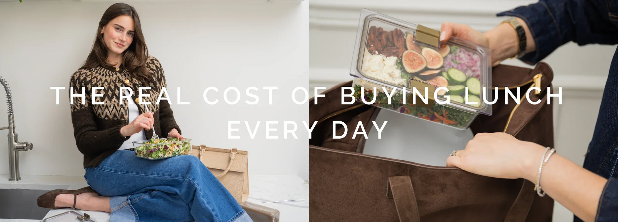 Woman with salad and insulated lunch bag, packing healthy meal for work or travel