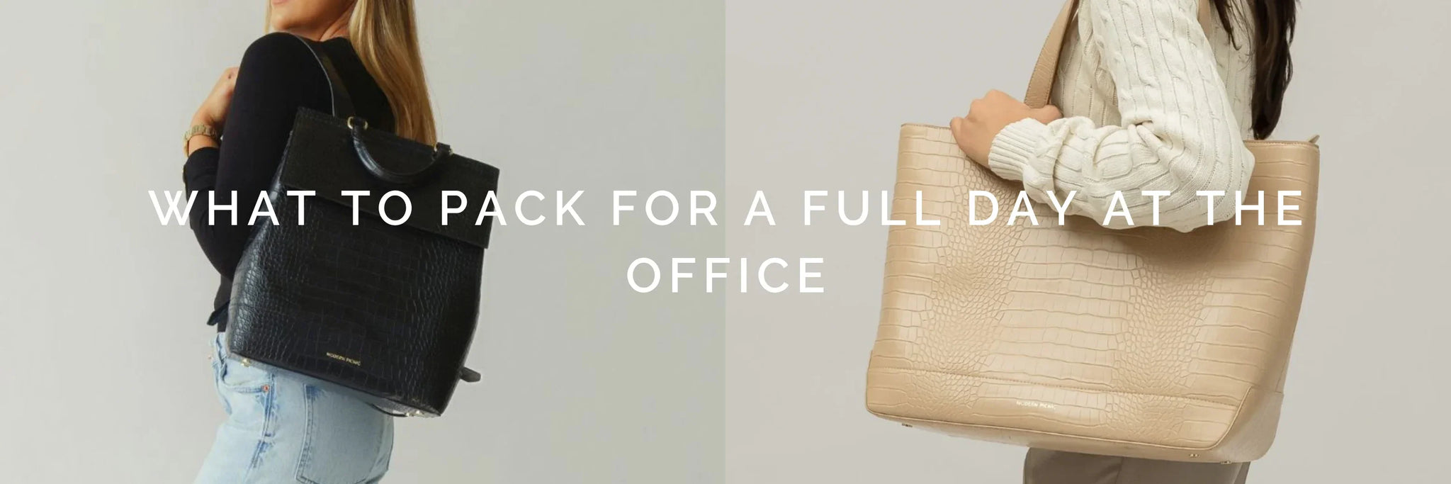 Chic vegan leather office bags: black backpack and beige tote for work, travel, everyday use