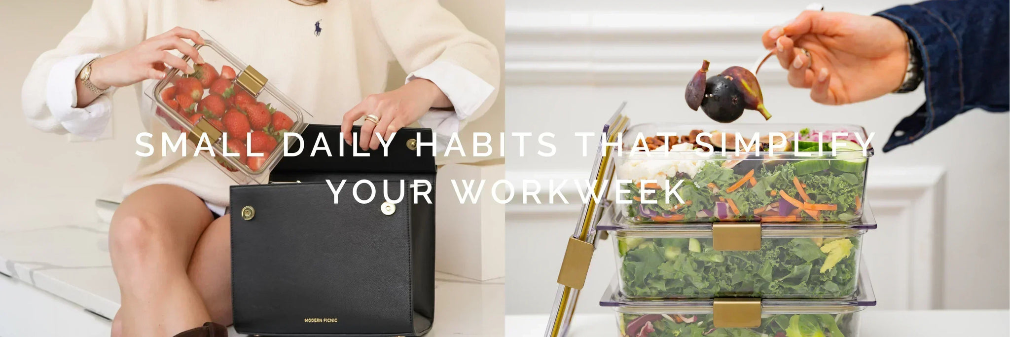 Chic black insulated lunch bag with fresh strawberries and stacked meal prep containers for healthy workweek meals.