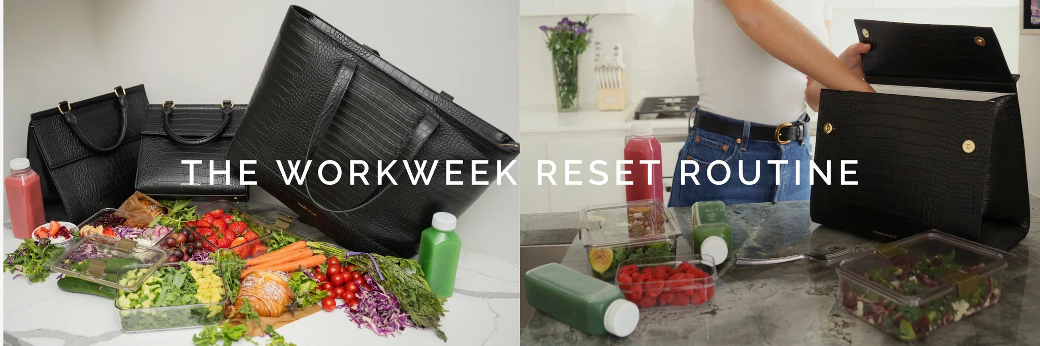 Stylish black insulated lunch bags with fresh meals and juices for workweek reset routine