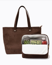 Brown suede tote bag with a brown suede white insulated interior pouch containing snacks and food on a white background
