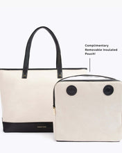 Canvas tote bag with black accents and a matching insulated pouch on a white background.