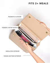 Open view of the Cream vegan leather insulated backpack showing the padded laptop sleeve, magnetic closure, and space for 2+ meals.