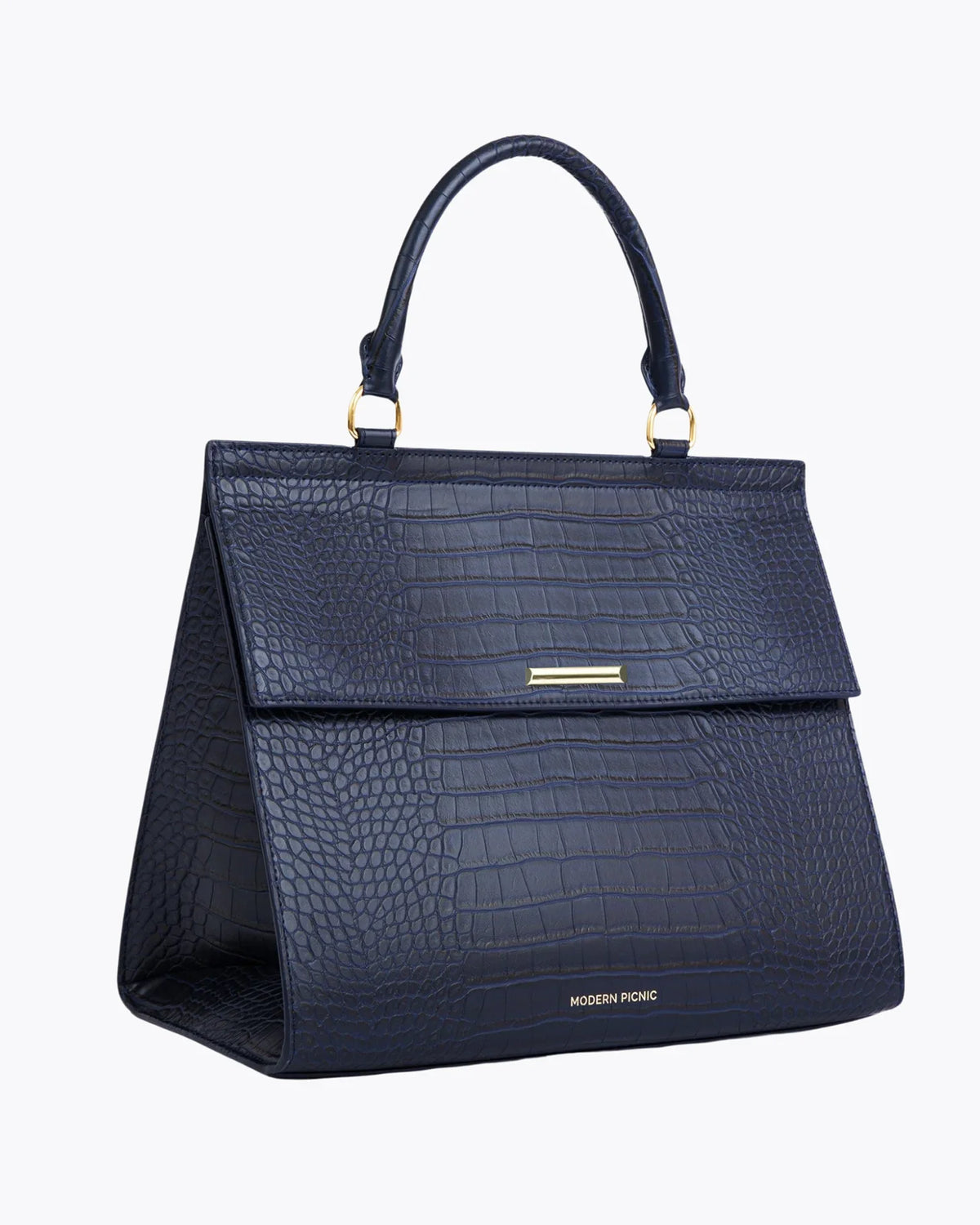 Navy blue croc-embossed vegan leather insulated lunch bag with gold hardware