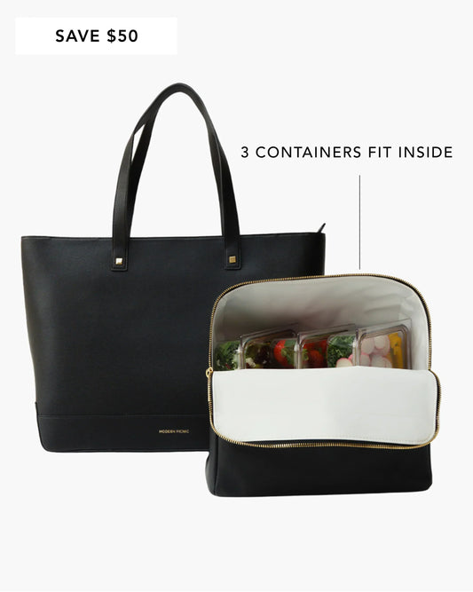 Black insulated lunch tote and matching bag, open to show three food containers inside.