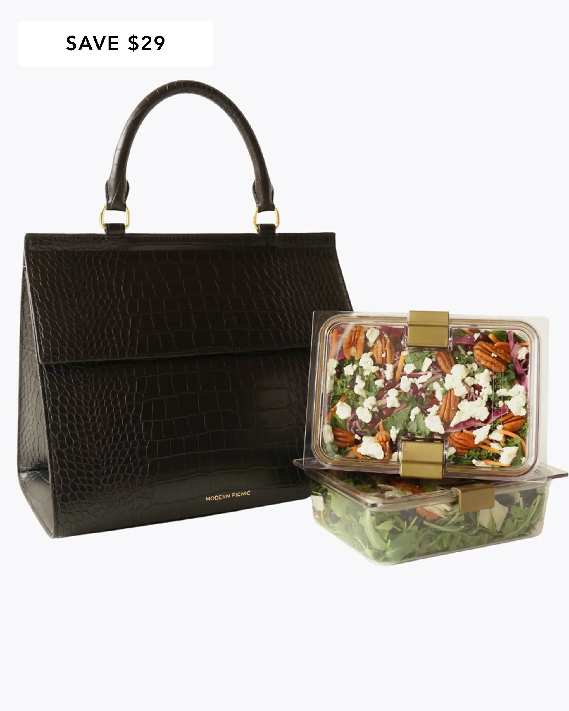 Black vegan leather insulated lunch bag with two salad containers, text save $29