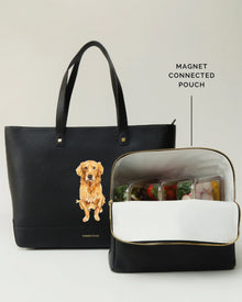 Chic black insulated lunch tote and magnetic pouch with food containers and dog graphic