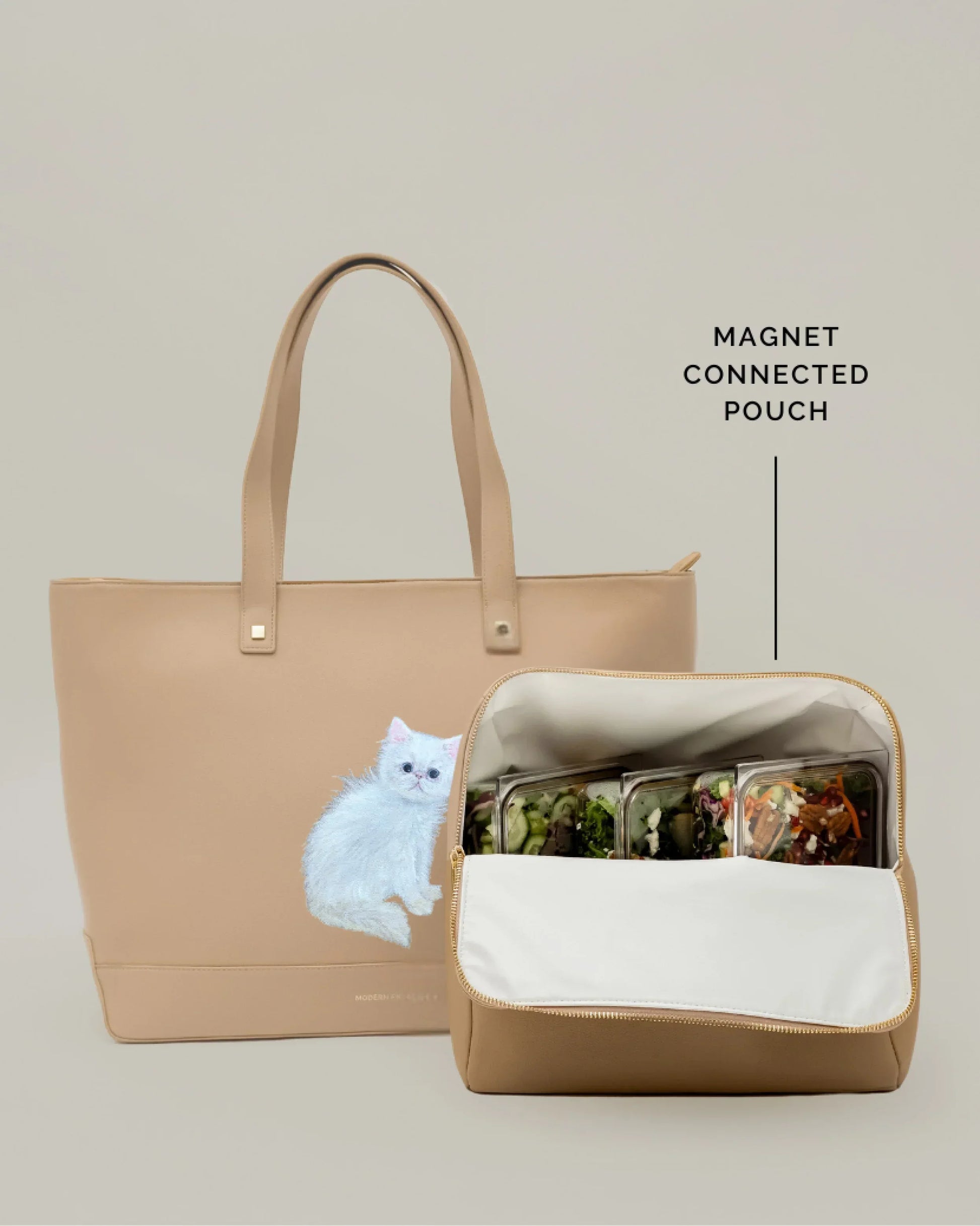 Beige insulated lunch tote with magnet pouch, cat design, and meal containers inside.