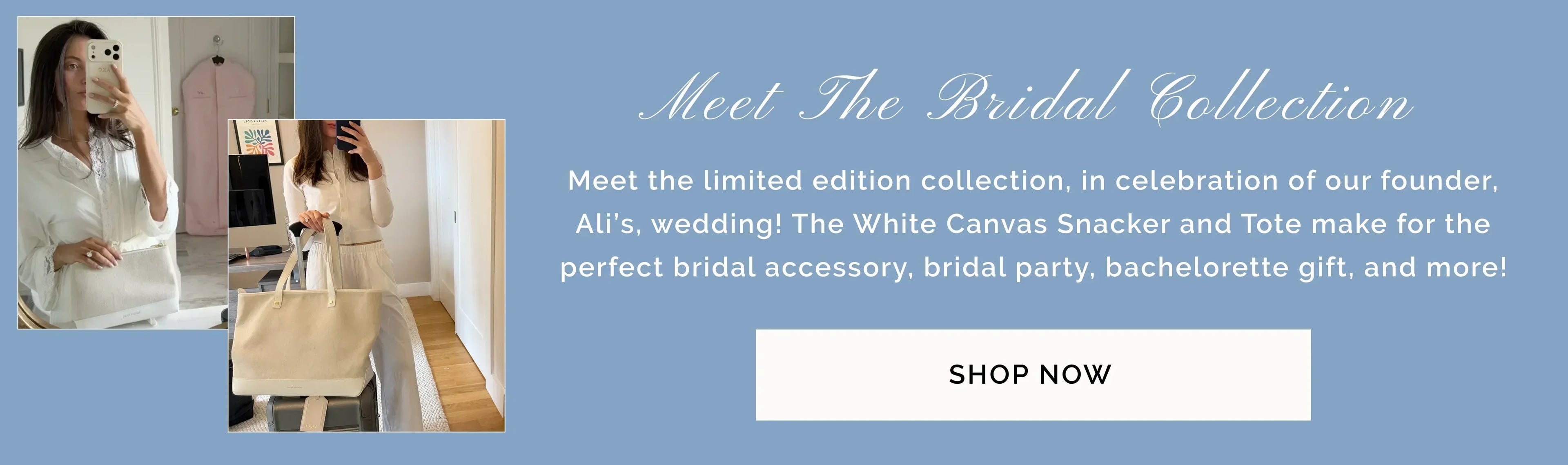 White canvas snacker and tote for bridal accessories and bachelorette gifts
