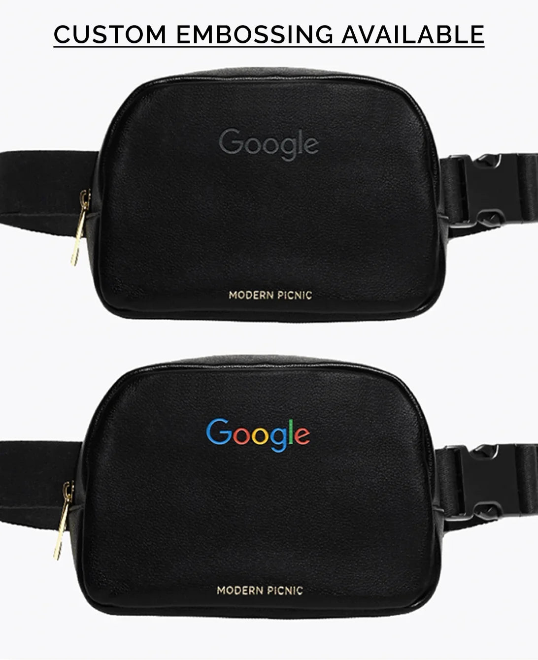 Two black vegan leather belt bags showing custom Google logo embossing options.