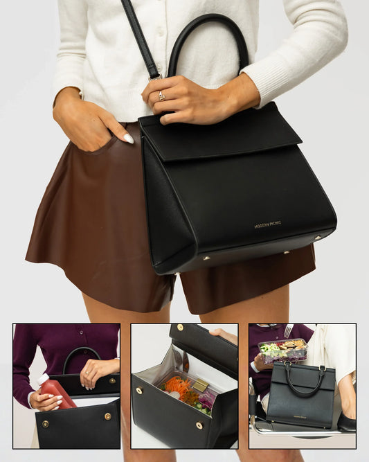 Black vegan leather insulated lunch bag shown being worn and holding food and drinks.
