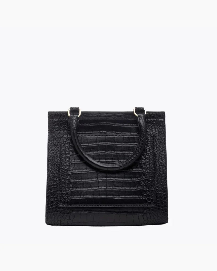 Designer Black Croc Lunch Box Purse: Insulated Vegan Leather Bag
