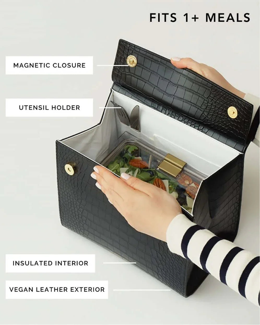 Designer Black Croc Lunch Box Purse: Insulated Vegan Leather Bag