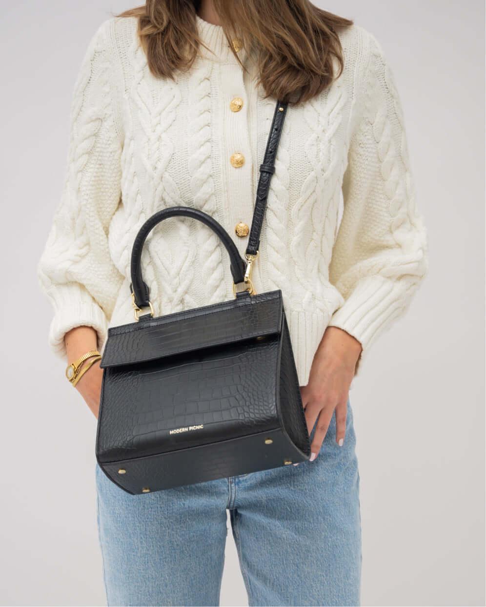 Designer Black Croc Lunch Box Purse: Insulated Vegan Leather Bag