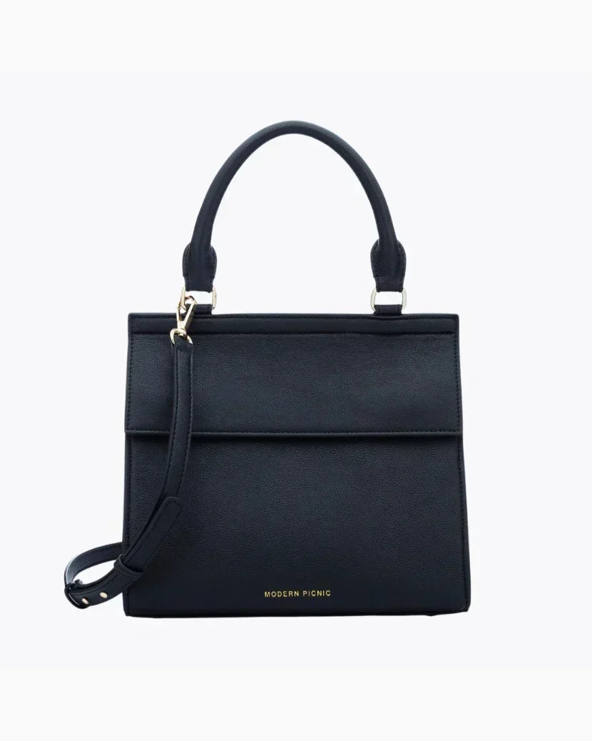 Black vegan leather lunch tote with gold hardware, insulated for work or travel