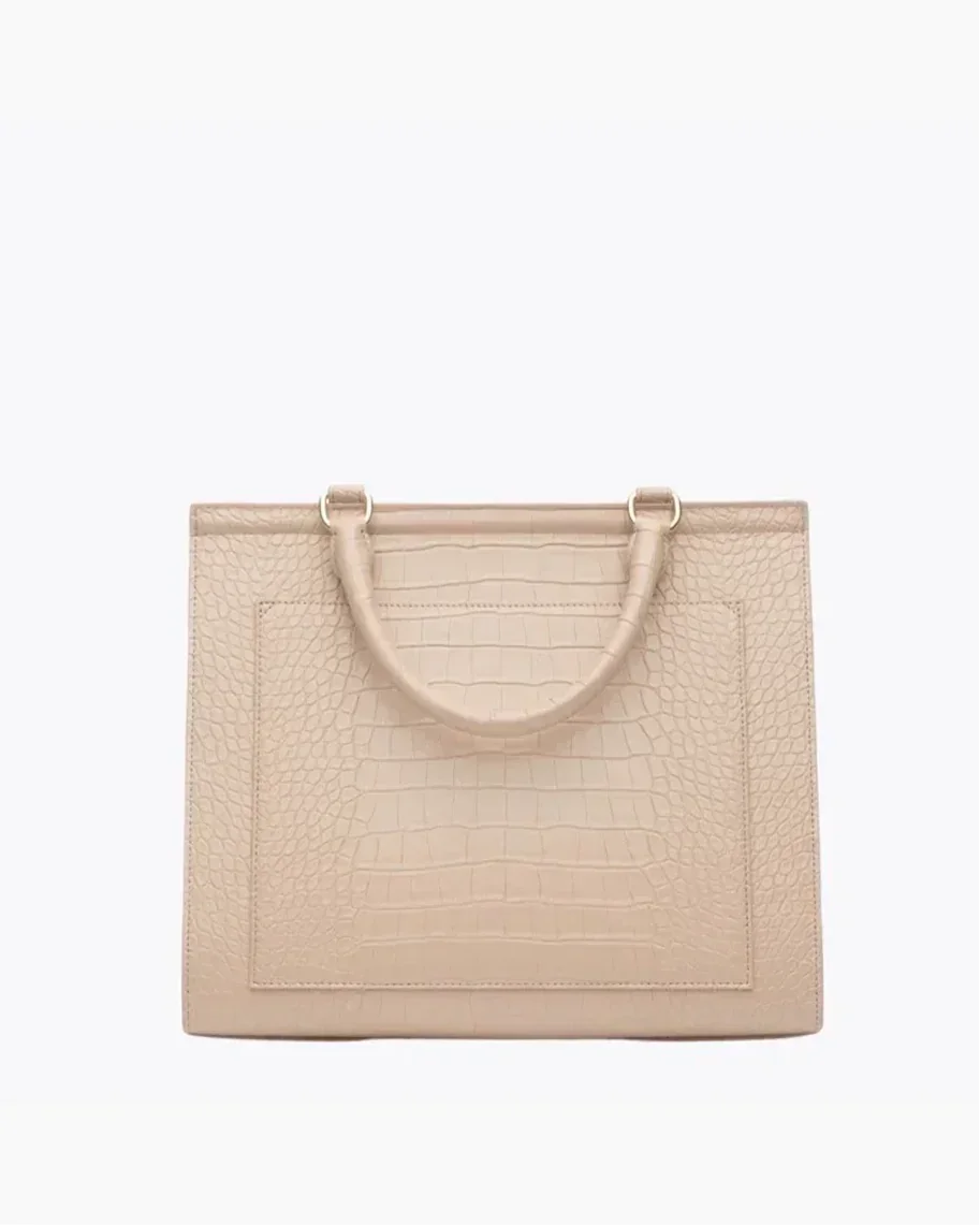 Cream vegan leather tote bag with crocodile texture and top handles, back view